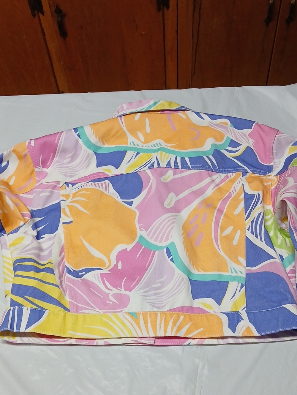 Jaded London Cropped Denim Trucker Jacket Multicolor Tropical Floral Print Sz L - Picture 9 of 16